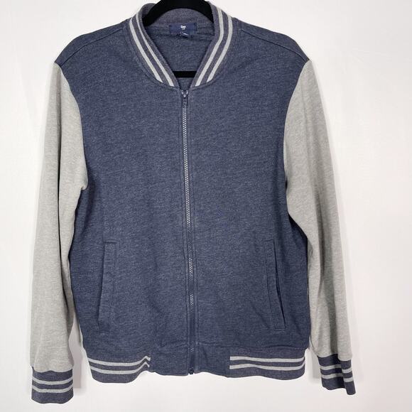 Gap Mens Small S Blue Gray Knit Bomber Jacket Full Zip Stripe Ribbed Hem Cuff - Picture 1 of 8